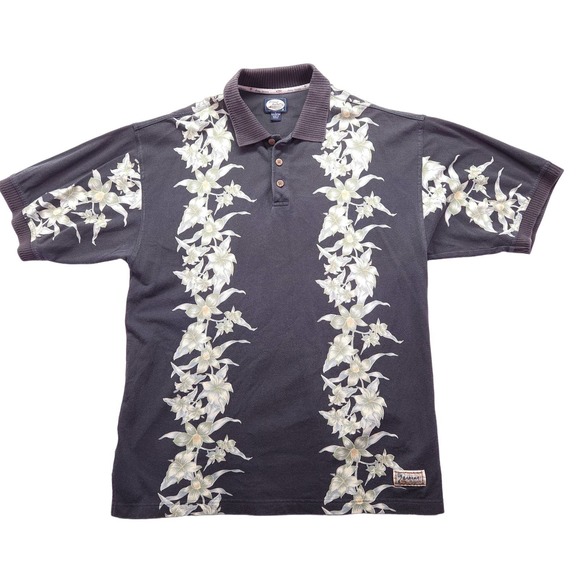 Tommy Bahama Other - Tommy Bahama Polo Shirt Mens Large Black Hawaiian Floral 100% Cotton Collared